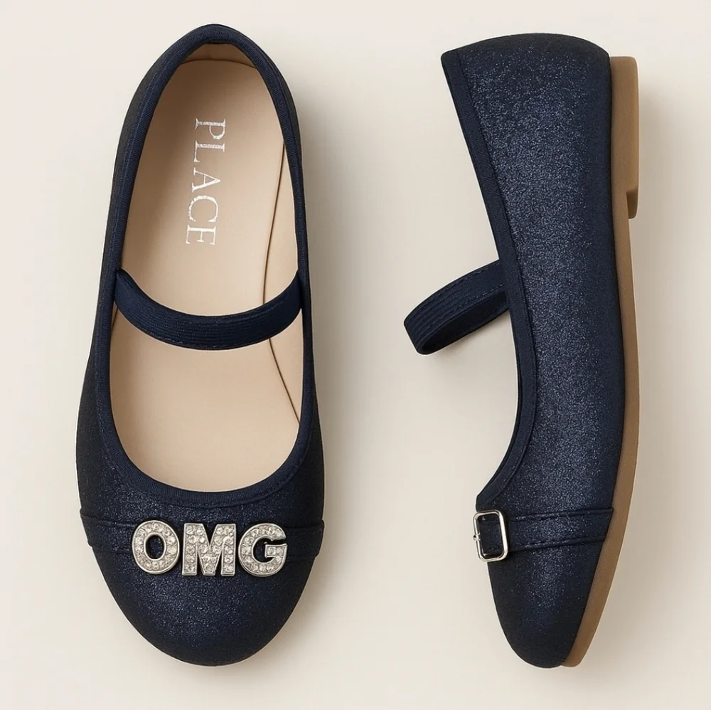 The Children’s Place ✦ Navy Glitter Flats ✦ Vegan Leather OMG LOL Charms 6 NWT